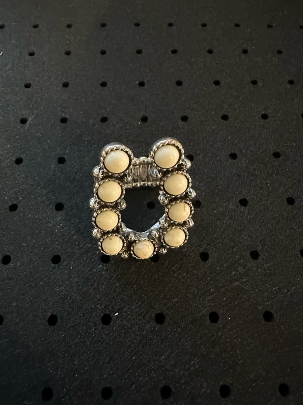 Silver-Tone Cream Bead Oval Statement Ring
